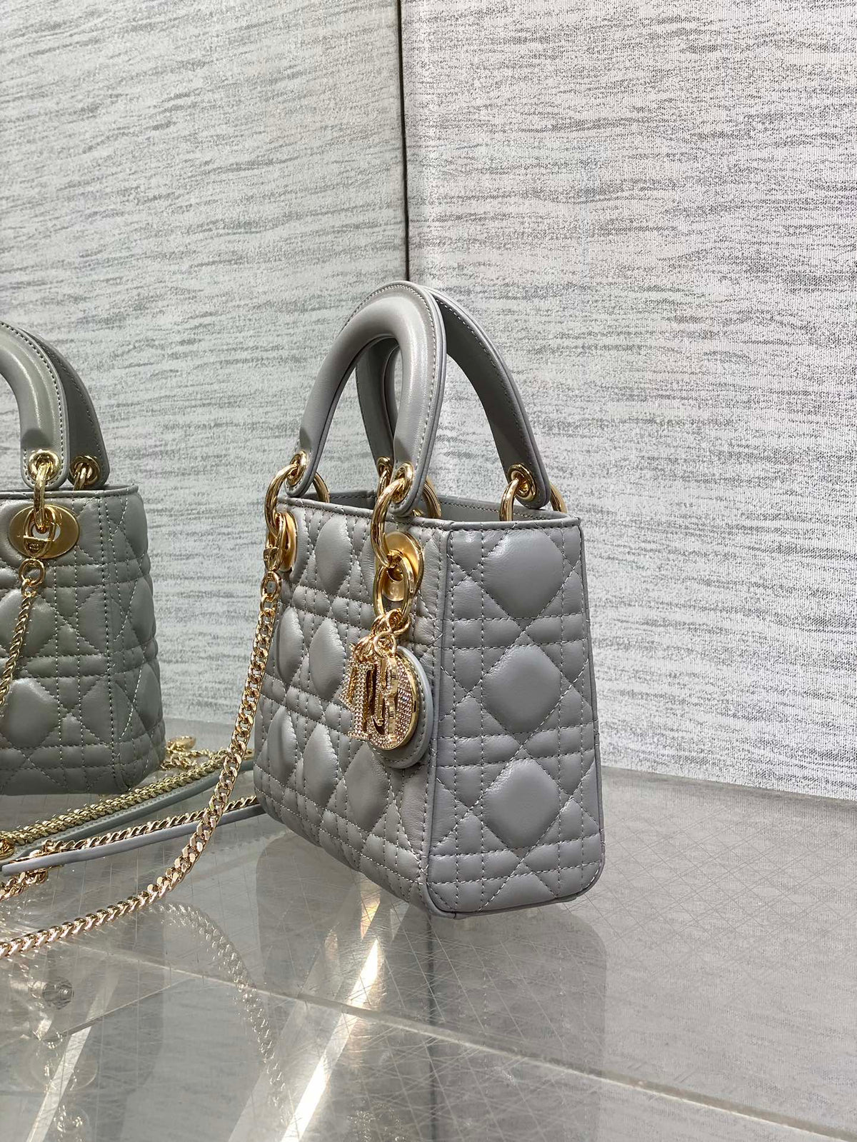 Dior 25S Mini Lady Bag 17 in Dark Gray Calfskin Charm Crystal Embellishments