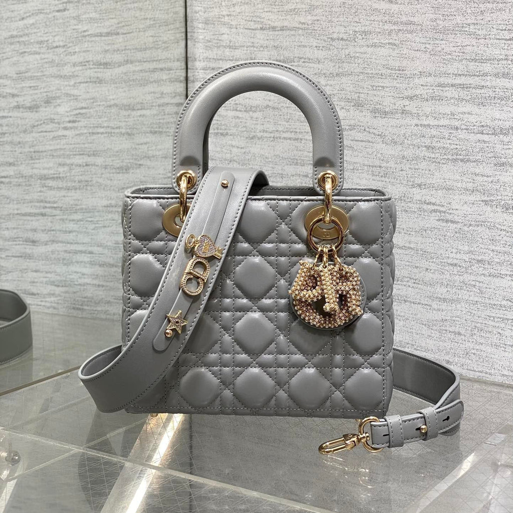 Dior 25S Lady Bag 20 in Dark Gray Calfskin Charm Pearl Embellishments