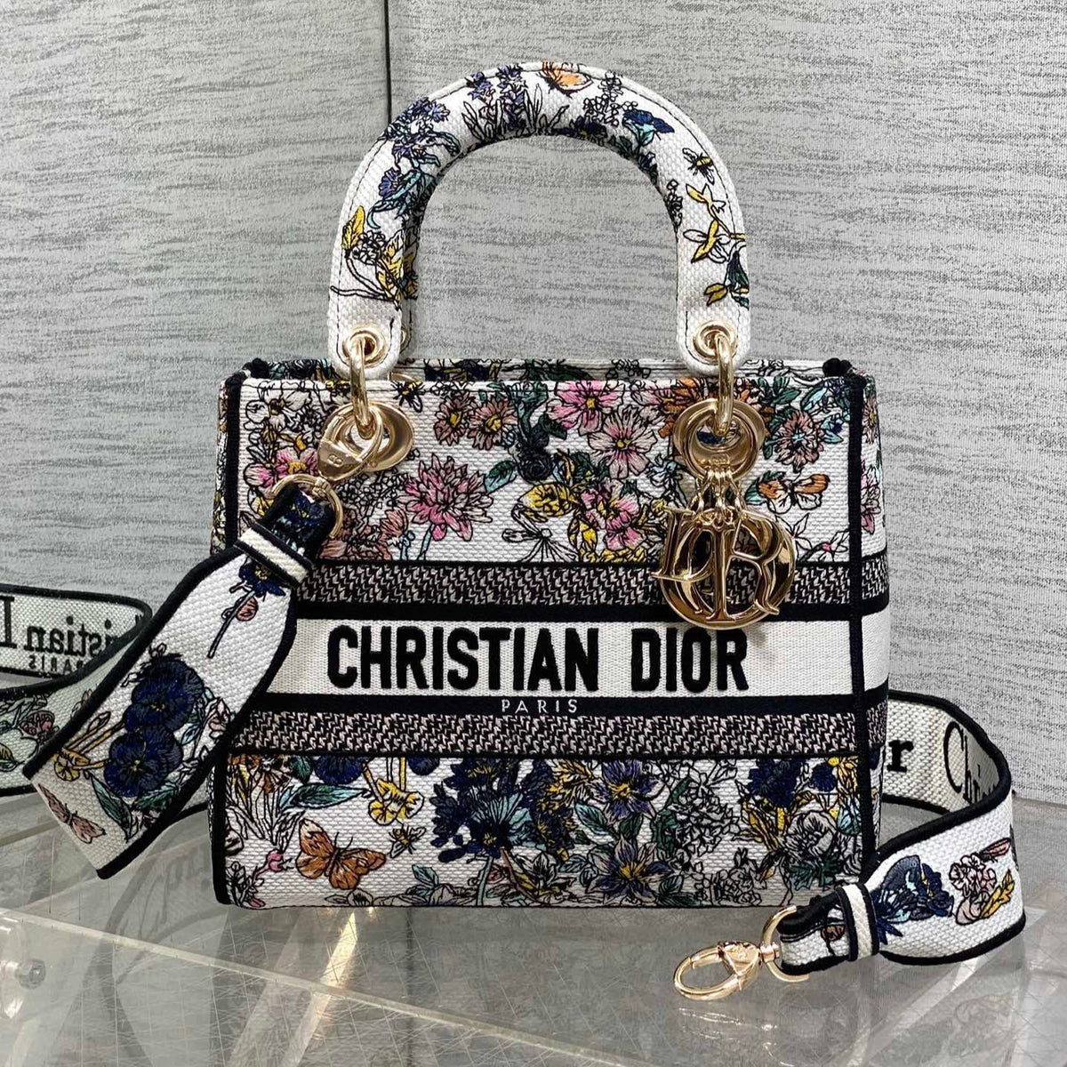 Dior 25S Small Lady D-Lite Bag 24 in Multicolor Flowers Calendar Allover Embroidery