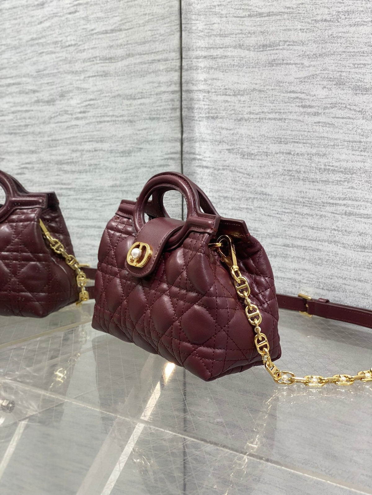 Dior 25S Jolie Top Handle Mini Bag 18 in Burgundy Calfskin Gold Hardware