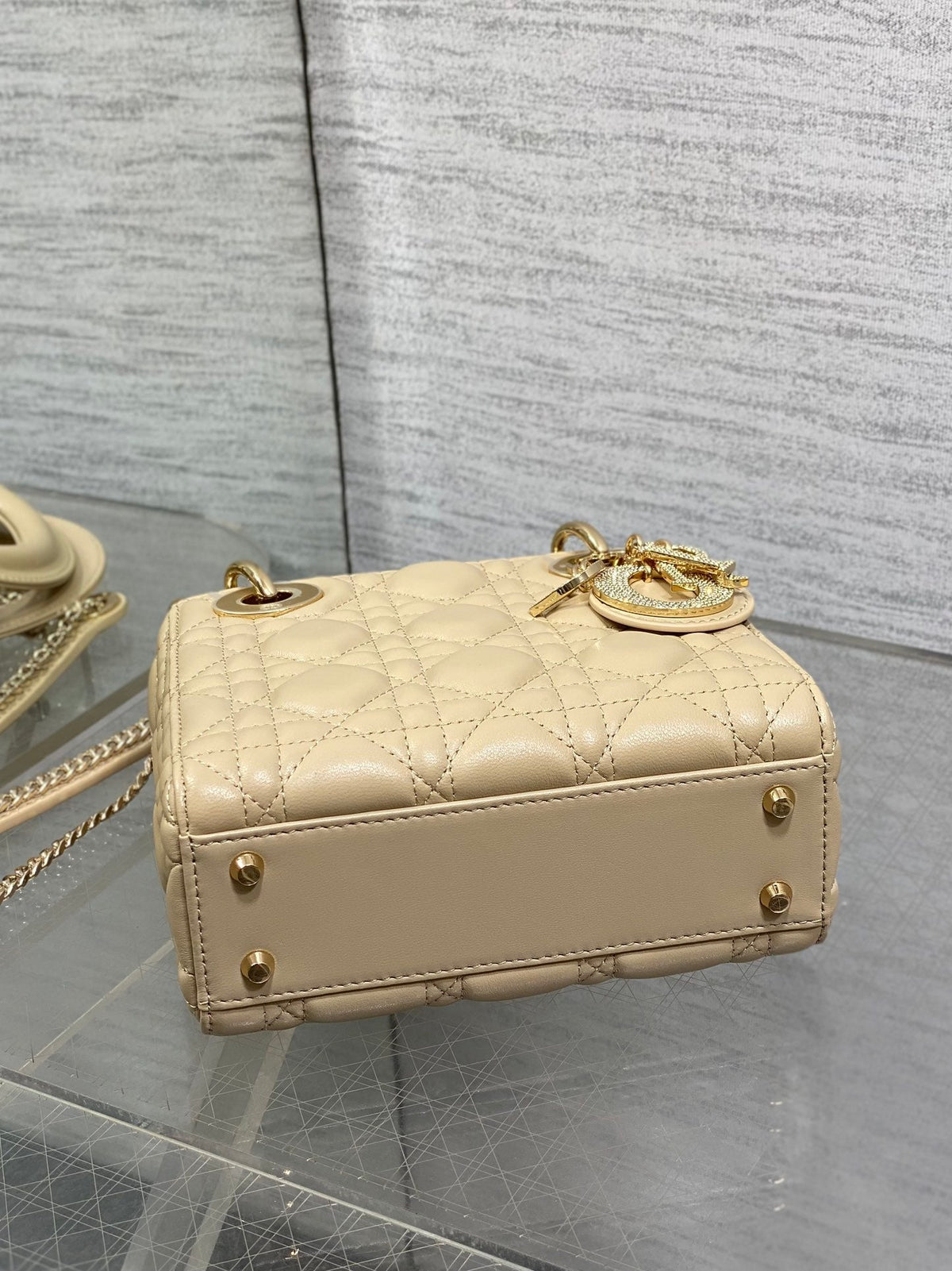 Dior 25S Mini Lady Bag 17 in Biscuit Calfskin Charm Crystal Embellishments