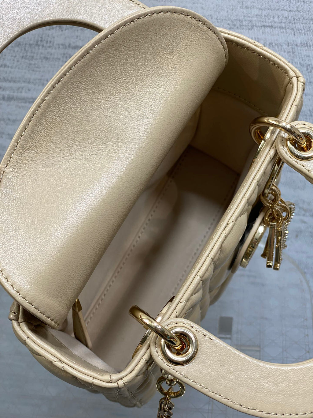 Dior 25S Mini Lady Bag 17 in Biscuit Calfskin Charm Crystal Embellishments