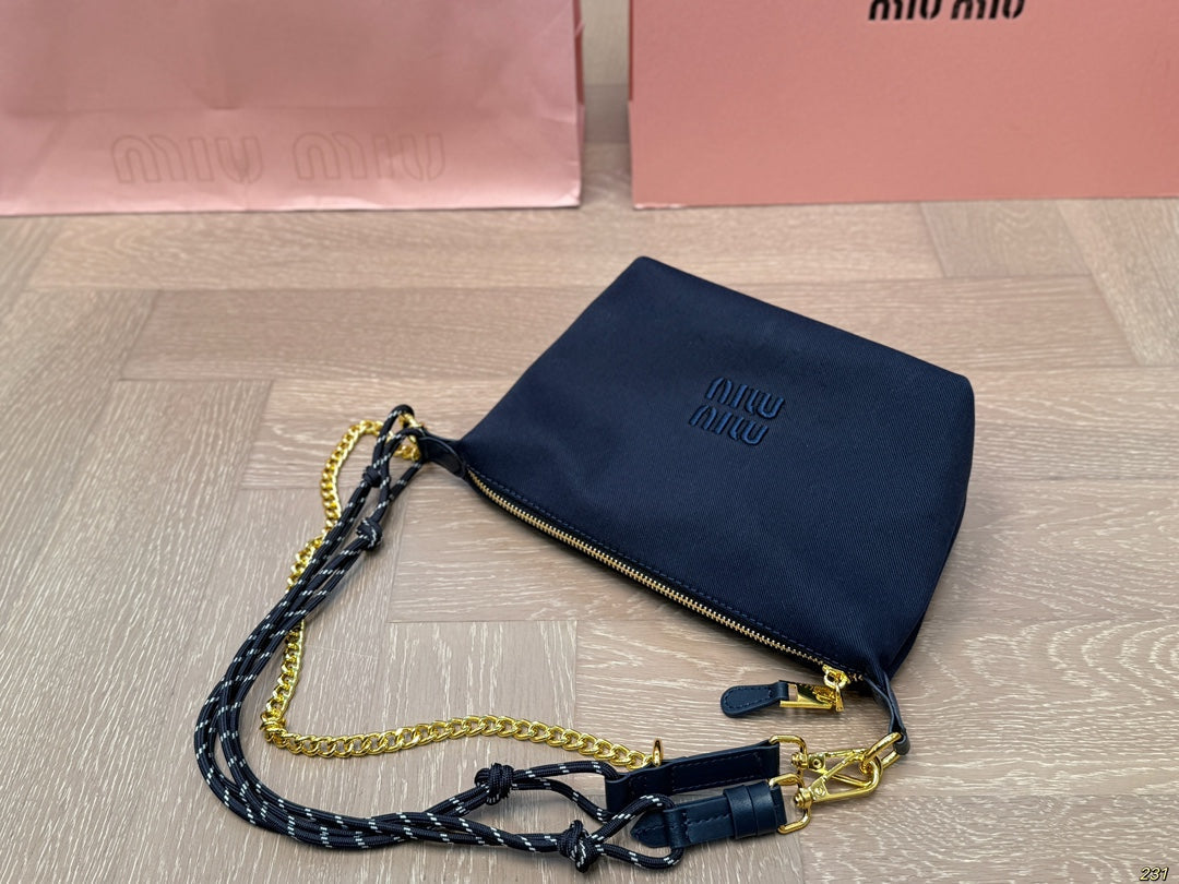 Chain Shoulder Bag 18 in Black Fabric Gold Hardware