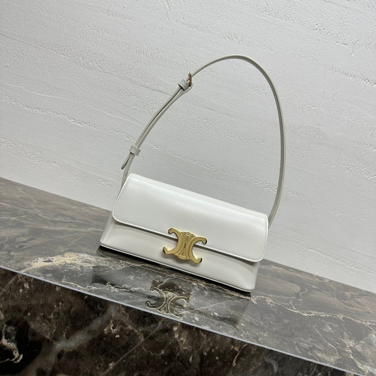 Celine 25S Triomphe Bag 24 in White Shiny Calfskin