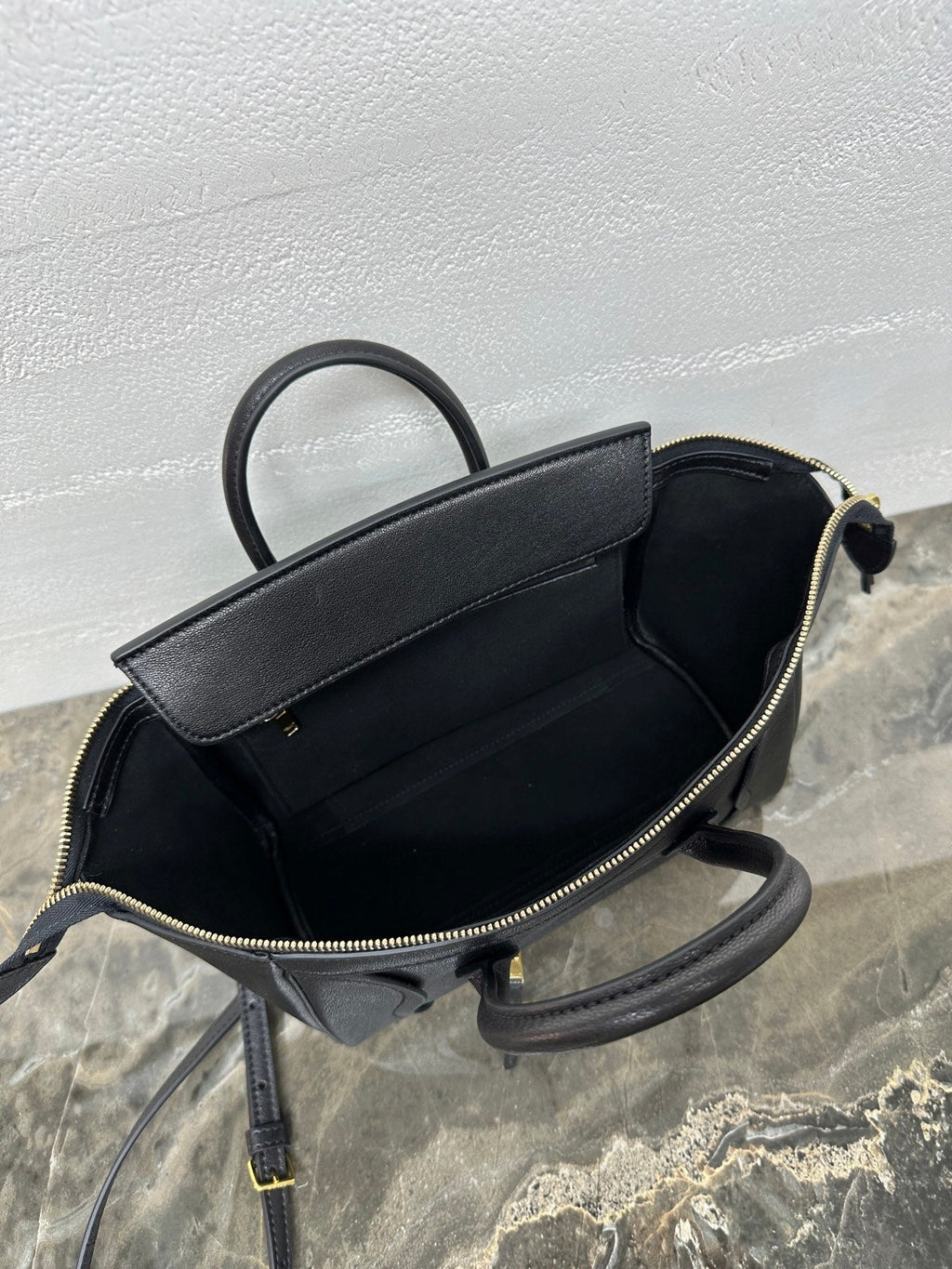 Celine 25S New Luggage 38mm in Black Shiny Lambskin Gold Hardware Bag