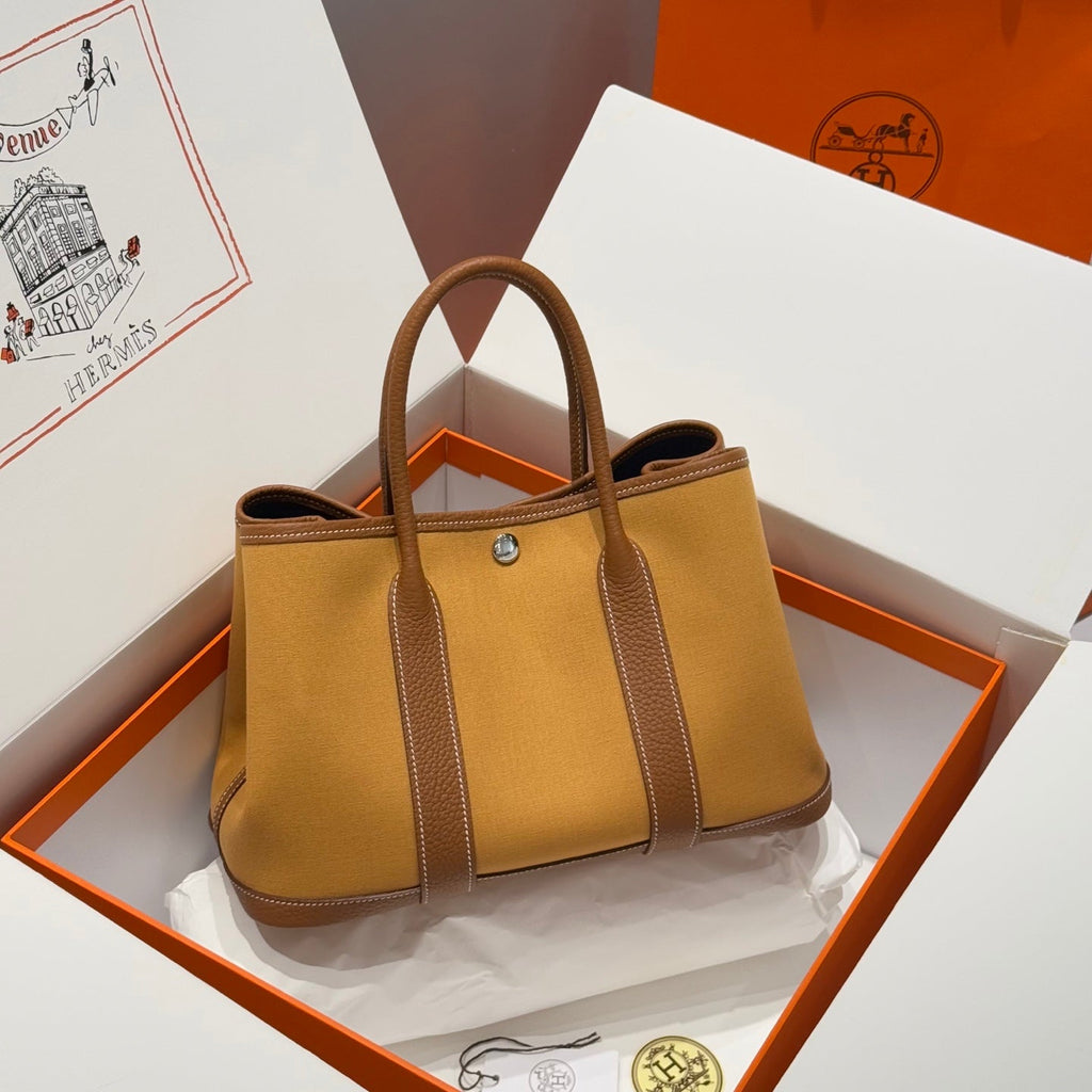 Hermes Garden Party 30cm in Dune Magnolia Toilets Cotton Canvas and Brown Calfskin Bag