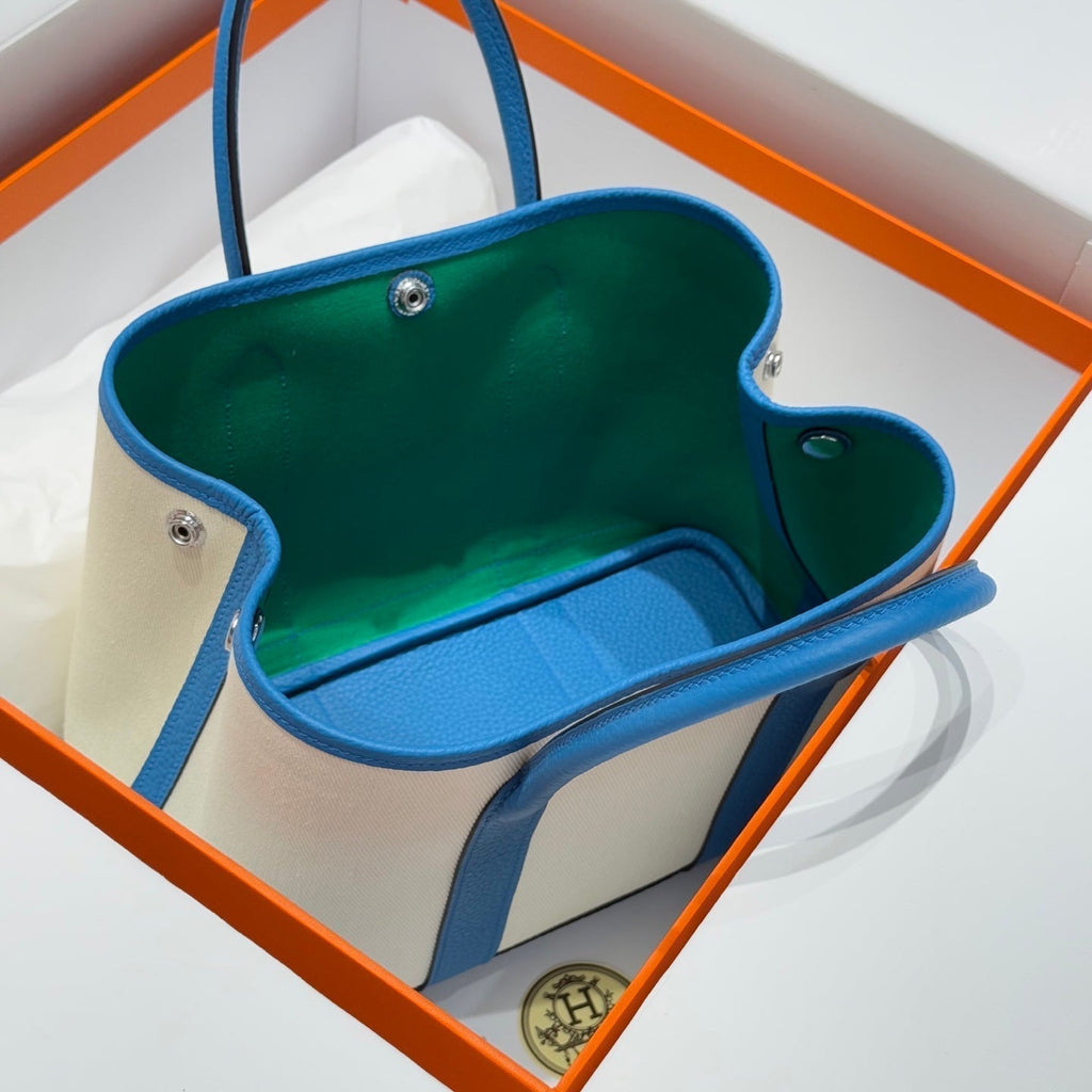 Hermes Garden Party 30cm in White Toilets Cotton Canvas and Blue Calfskin Green On Side Other Bag