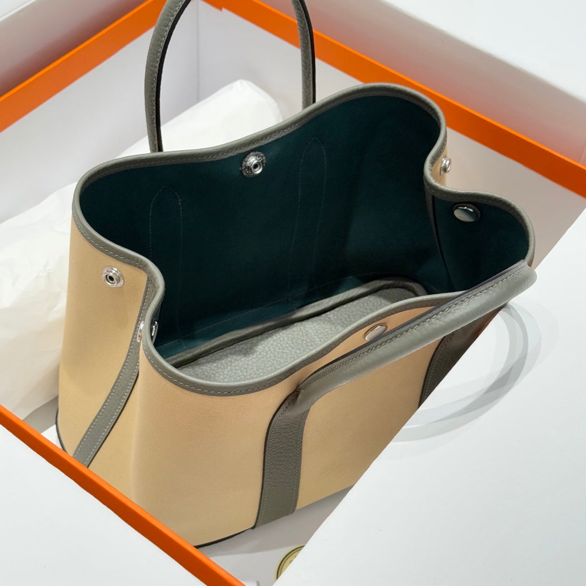 Hermes Garden Party 30cm in Dark Beige Toilets Cotton Canvas and Grey Calfskin Bag