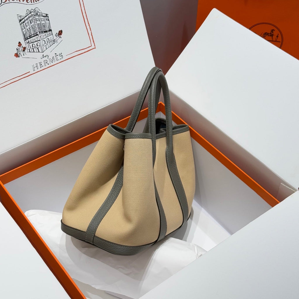 Hermes Garden Party 30cm in Dark Beige Toilets Cotton Canvas and Grey Calfskin Bag