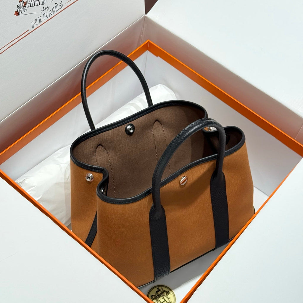 Hermes Garden Party 30cm in Orange Minimum Toilets Cotton Canvas and Black Calfskin Bag