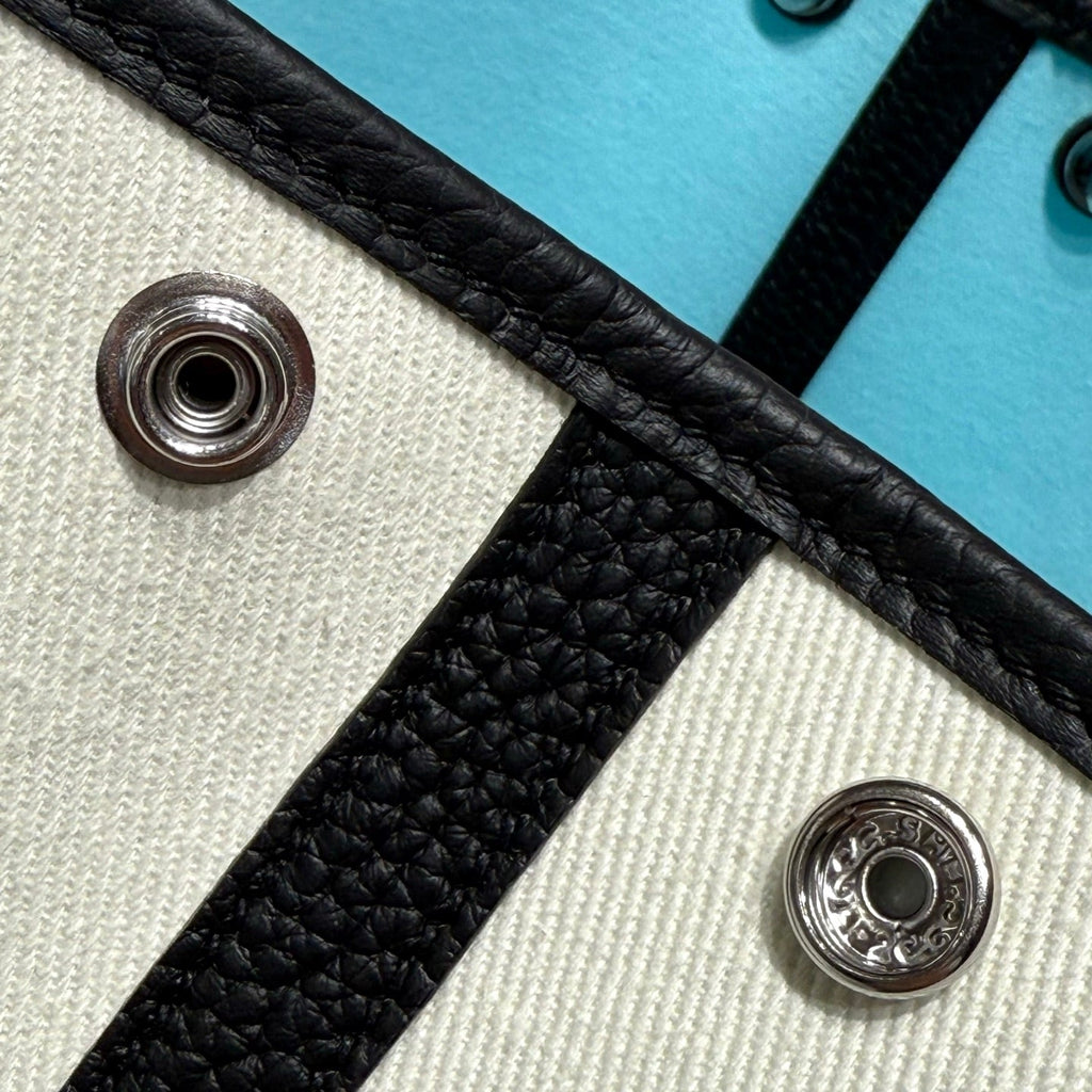 Hermes Garden Party 30cm in White Toilets Cotton Canvas and Black Calfskin Sky Blue Canvas On Side Other Bag