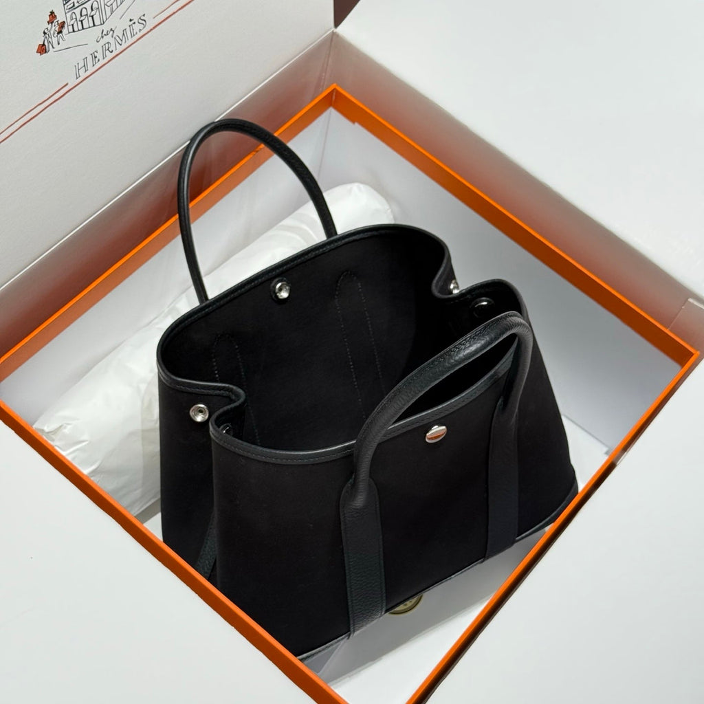Hermes Garden Party 30cm in Black Toilets Cotton Canvas and Calfskin Bag