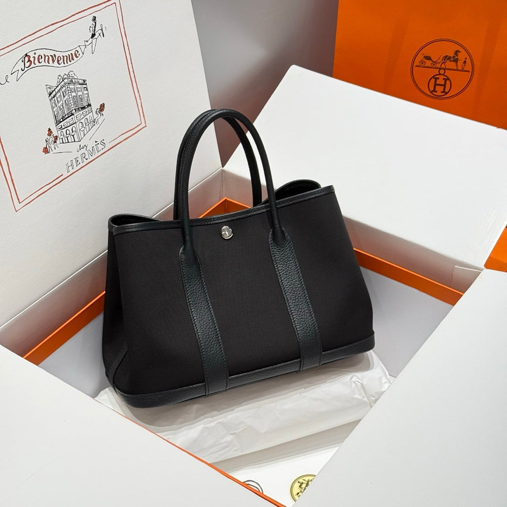 Hermes Garden Party 30cm in Black Toilets Cotton Canvas and Calfskin Bag
