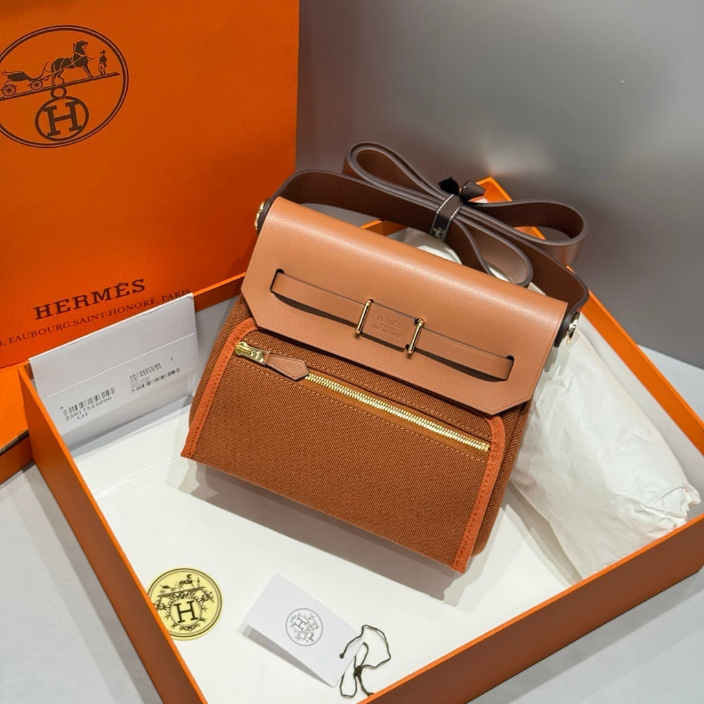 Hermes 25S Mini Herbag 20 in Copper Brown Canvas Gold Hardware Bag
