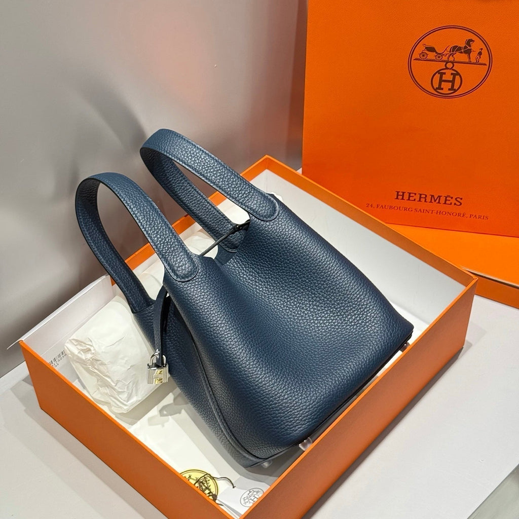 Hermes 25S Picotin Lock 18 in Navy Blue Calfskin Silver Hardware Bag