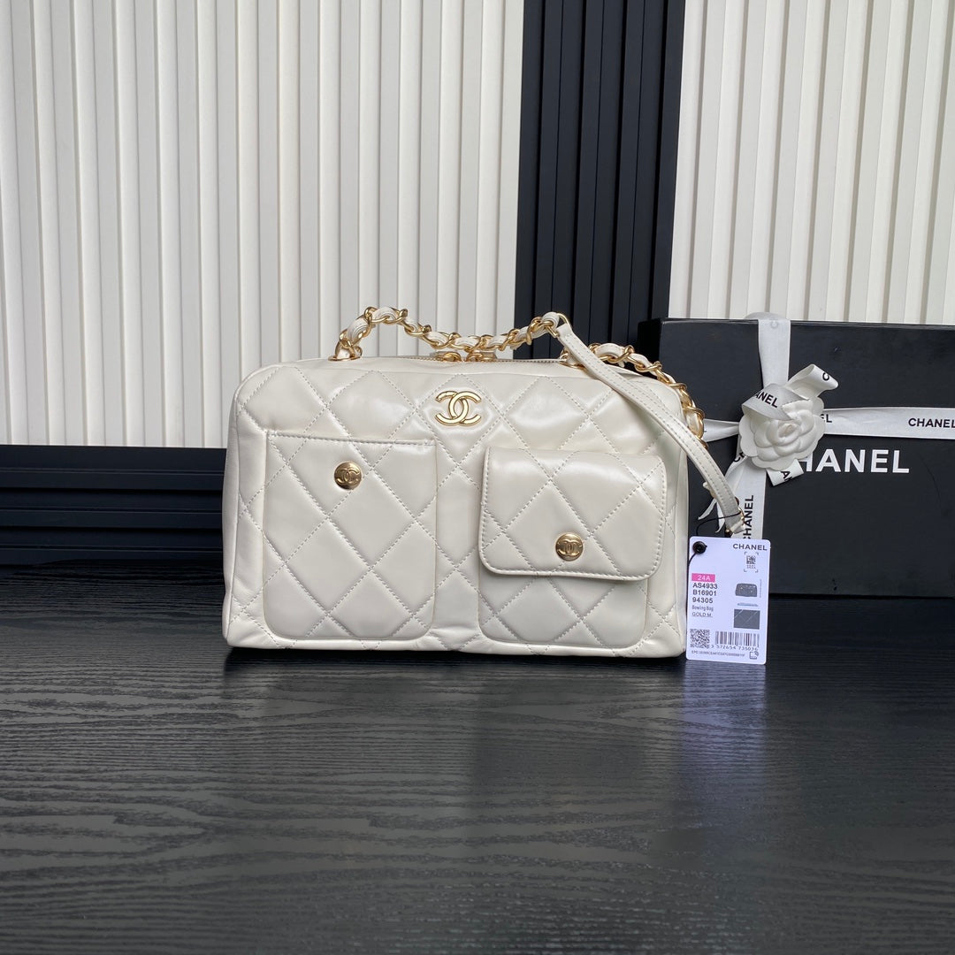 Chanel Bowling Bag 29 in Off-White Calfskin Gold Hardware
