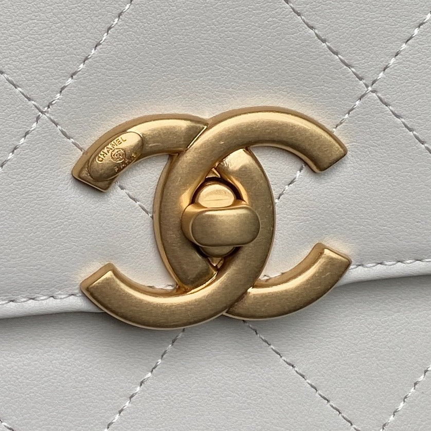 Chanel 25S Top Handle Shoulder Bag 37 in Cream White Calfskin with Gold Hardware