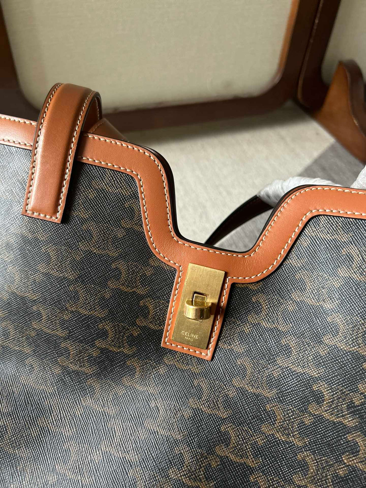 Celine Cabas 37 in Black Triomphe Canvas and Bronze Brown Calfskin Trim Gold Lock Bag