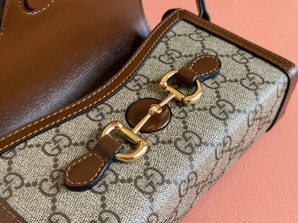 Gucci Horsebit 1955 Mini 18 Bag Beige Canvas and Brown Calfskin