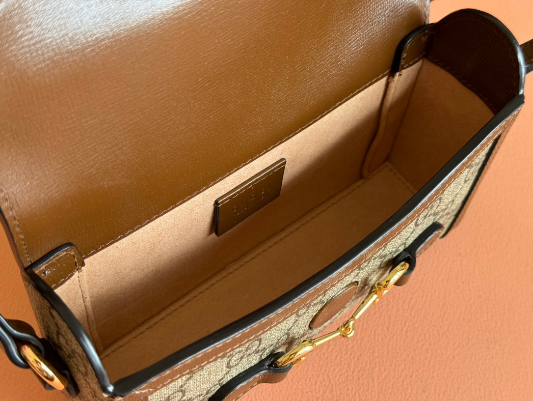 Gucci Horsebit 1955 Mini 18 Bag Beige Canvas and Brown Calfskin