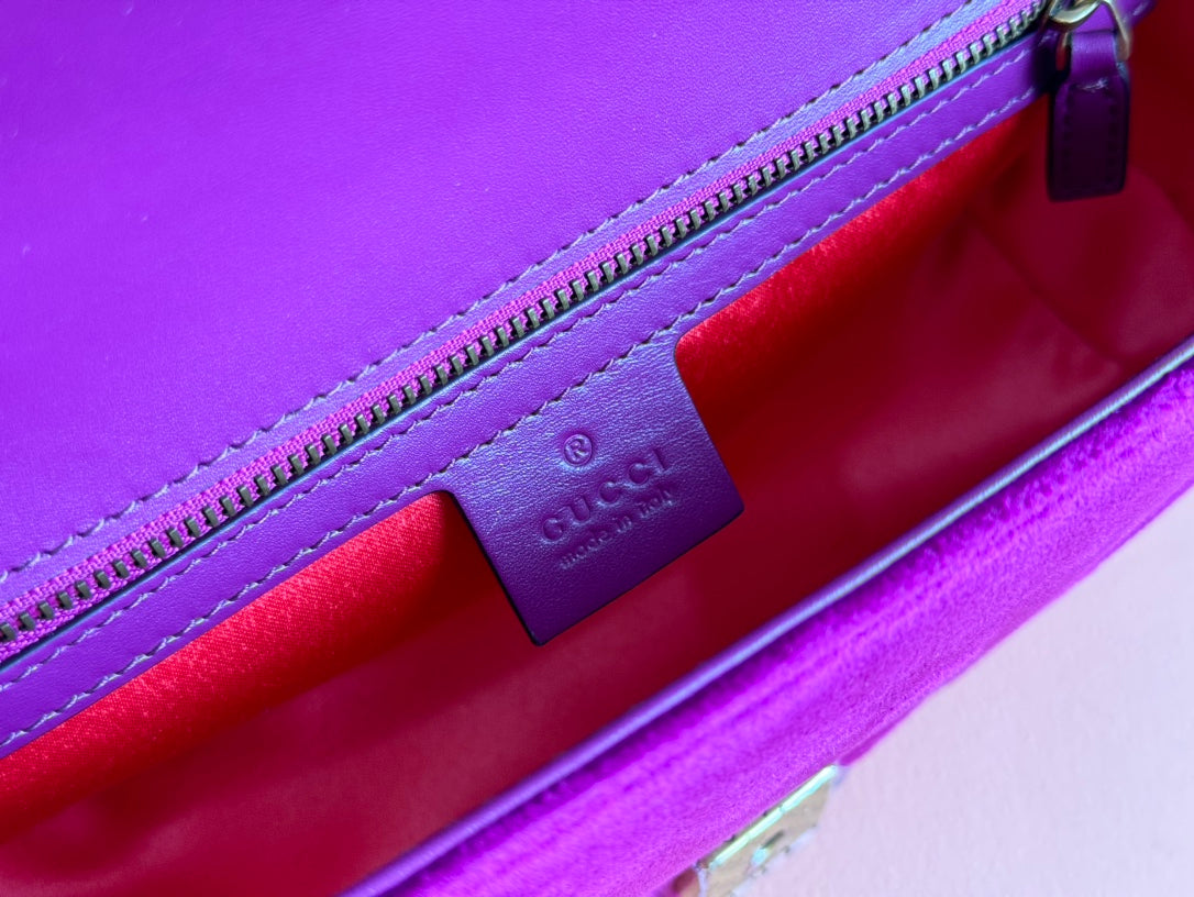 Gucci 25S Marmont 26 cm in Deep Pink Purple Velvet with Gold Hardware Bag