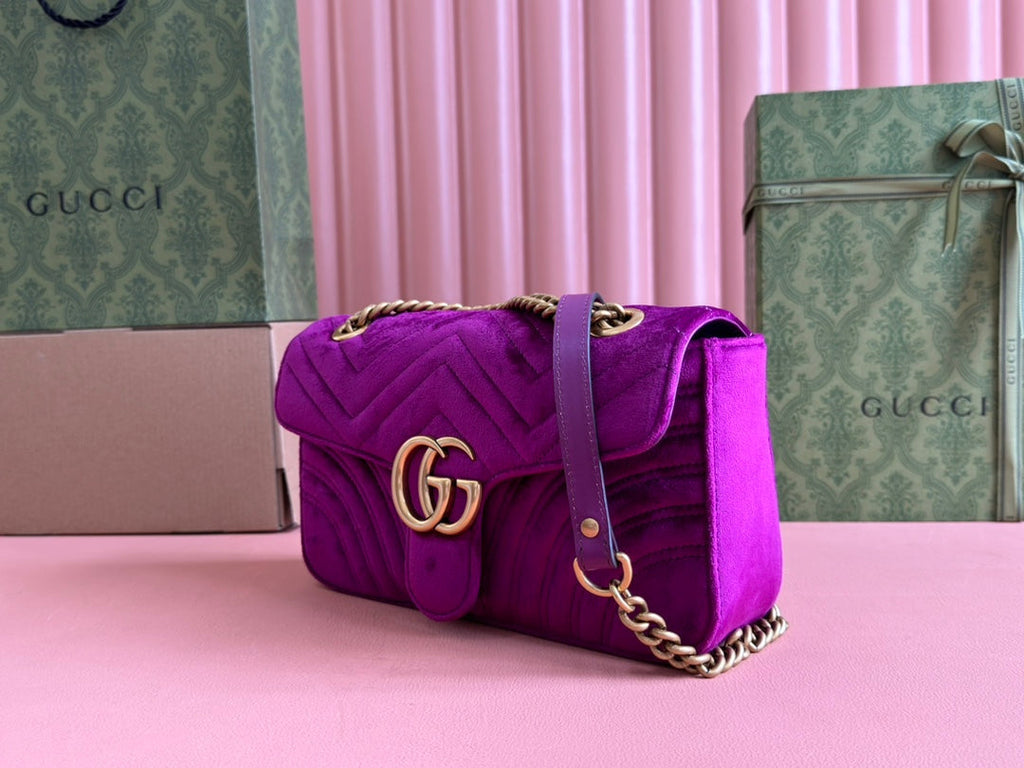 Gucci 25S Marmont 26 cm in Deep Pink Purple Velvet with Gold Hardware Bag