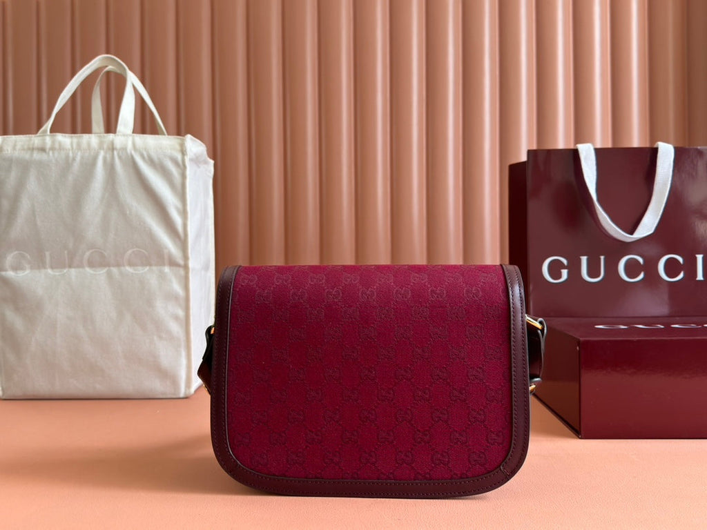 Gucci Horsebit 1955 Shoulder Bag 25 in Wine Red Canvas and Calfskin Gold Hardware