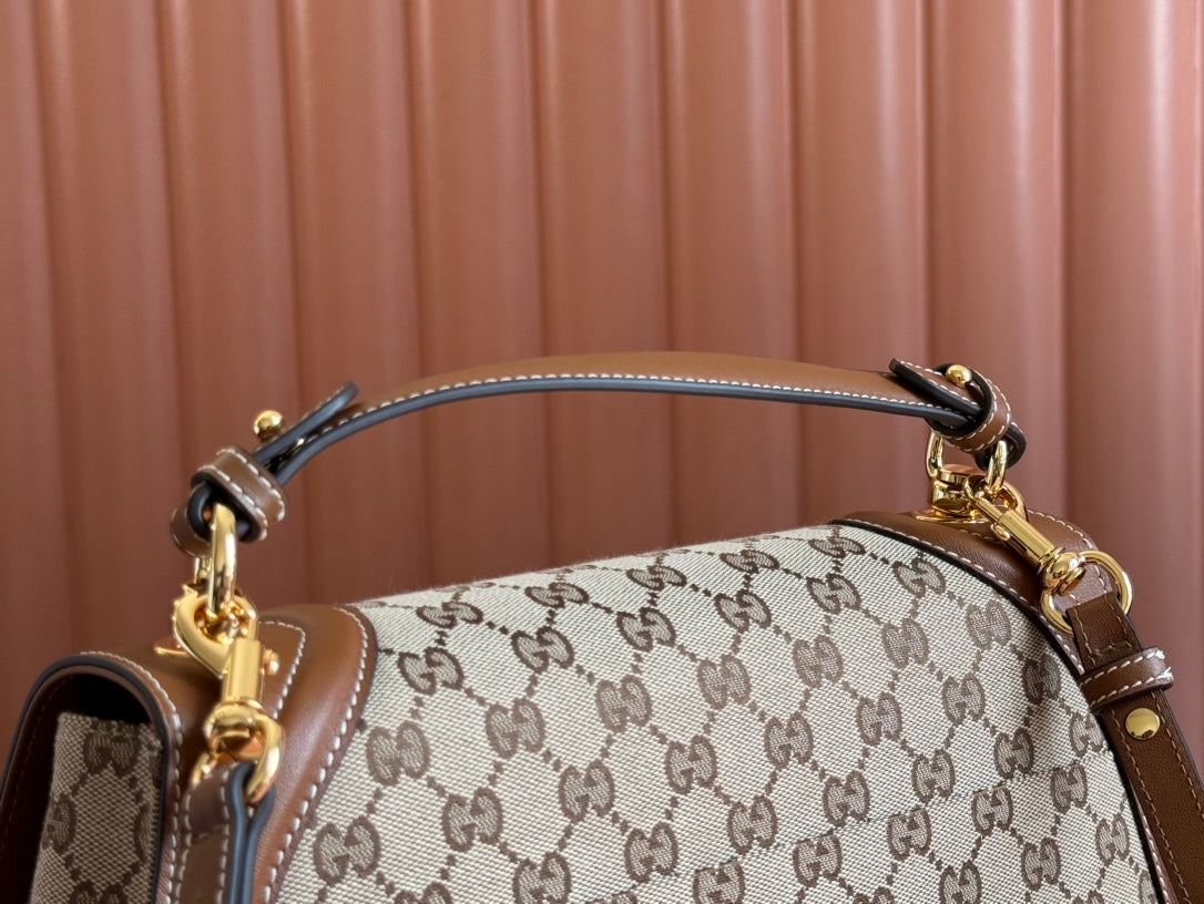 Gucci Blondie Large Top Handle Bag 32 in Beige and Dark Brown Canvas Brown Calfskin