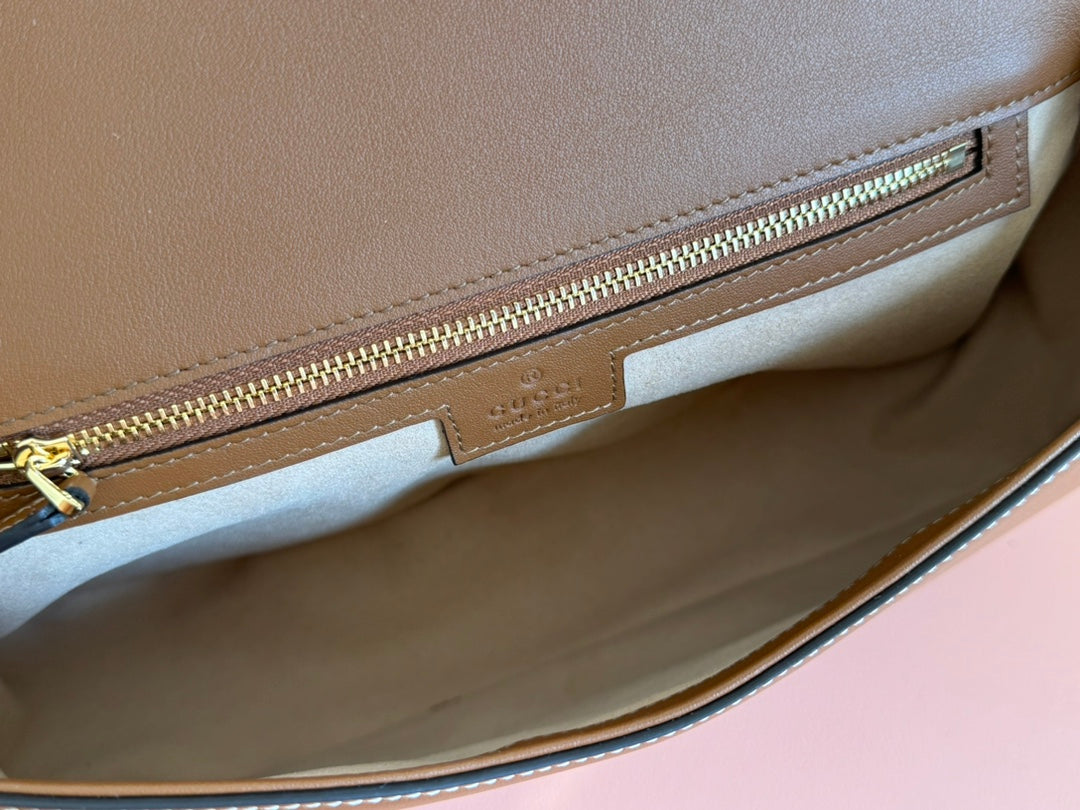 Gucci Blondie Large Top Handle Bag 32 in Natural Cotton Linen Canvas Brown Calfskin
