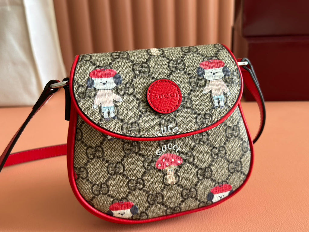 Gucci Children's Printed Shoulder Bag in Beige and Dark Brown Canvas Red Trim