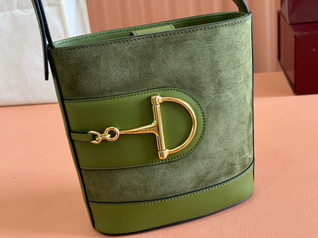 Gucci 73 Small Bucket Bag 20 in Green Soft Suede and Calfskin