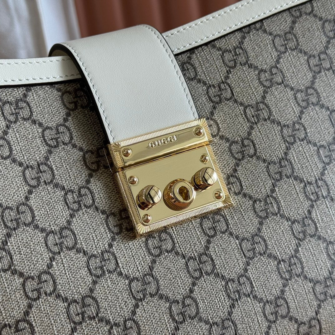 Gucci 26S Padlock Top Handle Bag 31 in Dark Beige and White Calfskin
