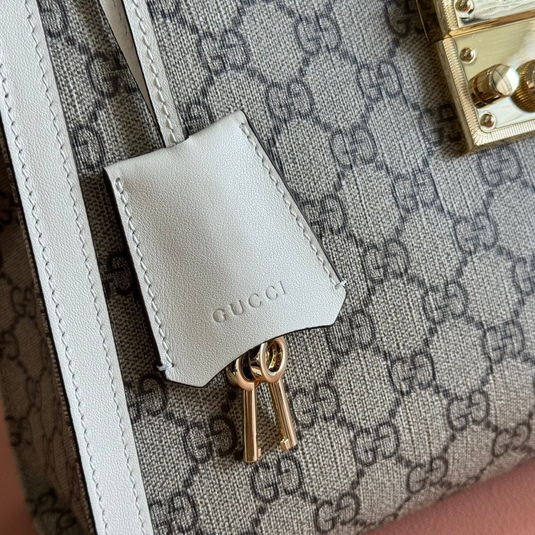 Gucci 26S Padlock Top Handle Bag 31 in Dark Beige and White Calfskin