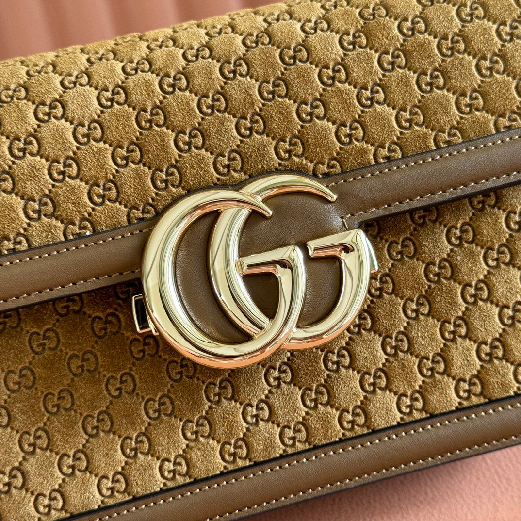 Gucci 26S Shoulder Bag 21 in Brown Embossed Suede and Calfskin
