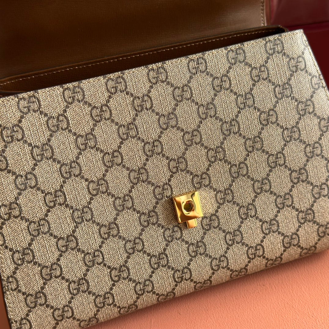 Gucci 25S Horsebit 1955 Medium Shoulder Bag 29 cm in Dark Beige Canvas and Brown Calfskin with Gold Hardware
