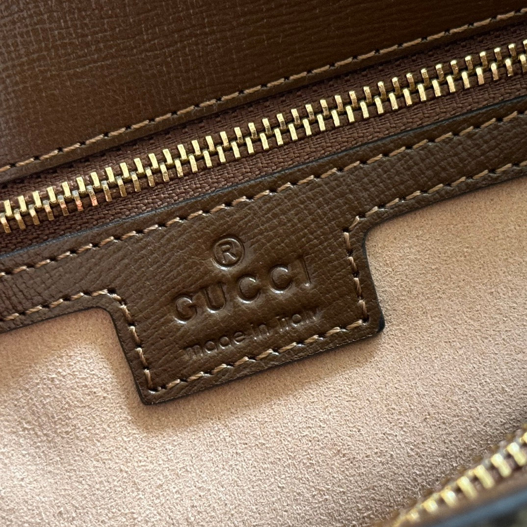 Gucci 25S Horsebit 1955 Medium Shoulder Bag 29 cm in Dark Beige Canvas and Brown Calfskin with Gold Hardware