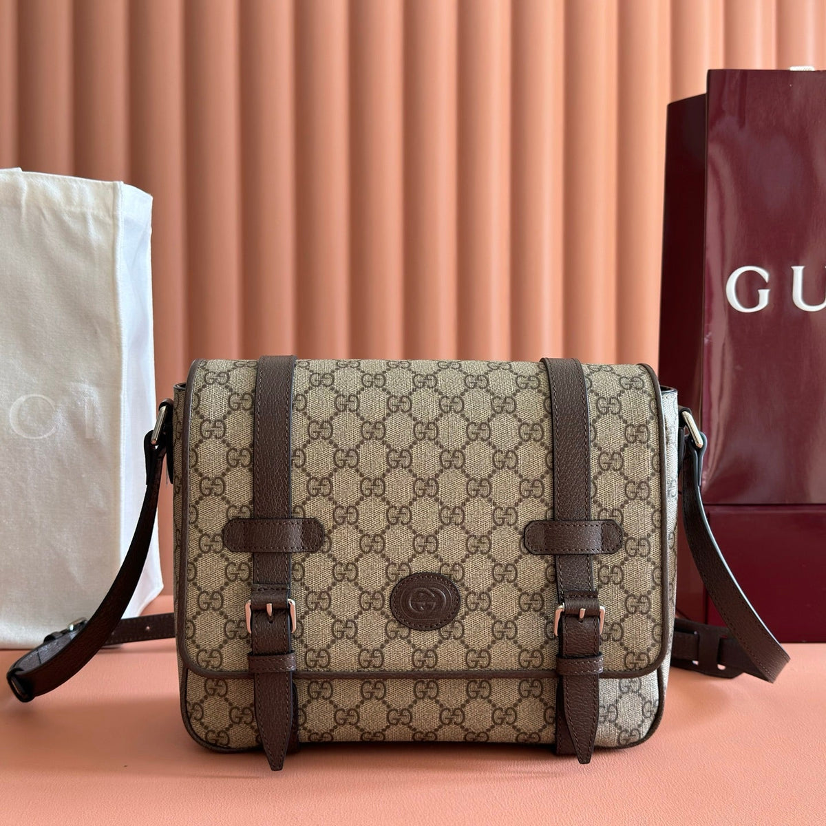 Gucci 26S Messenger Crossbody Bag 28 in Dark Beige and Brown Canvas