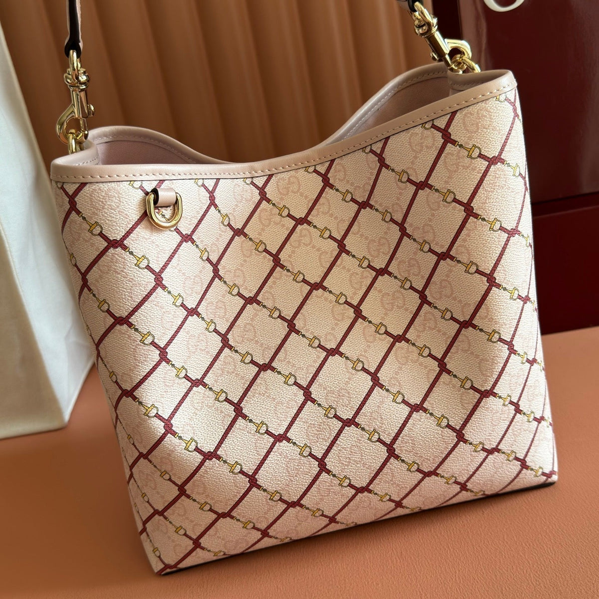 Gucci 26S Emblem Bucket Bag 25 in Light Pink Coated Fabric