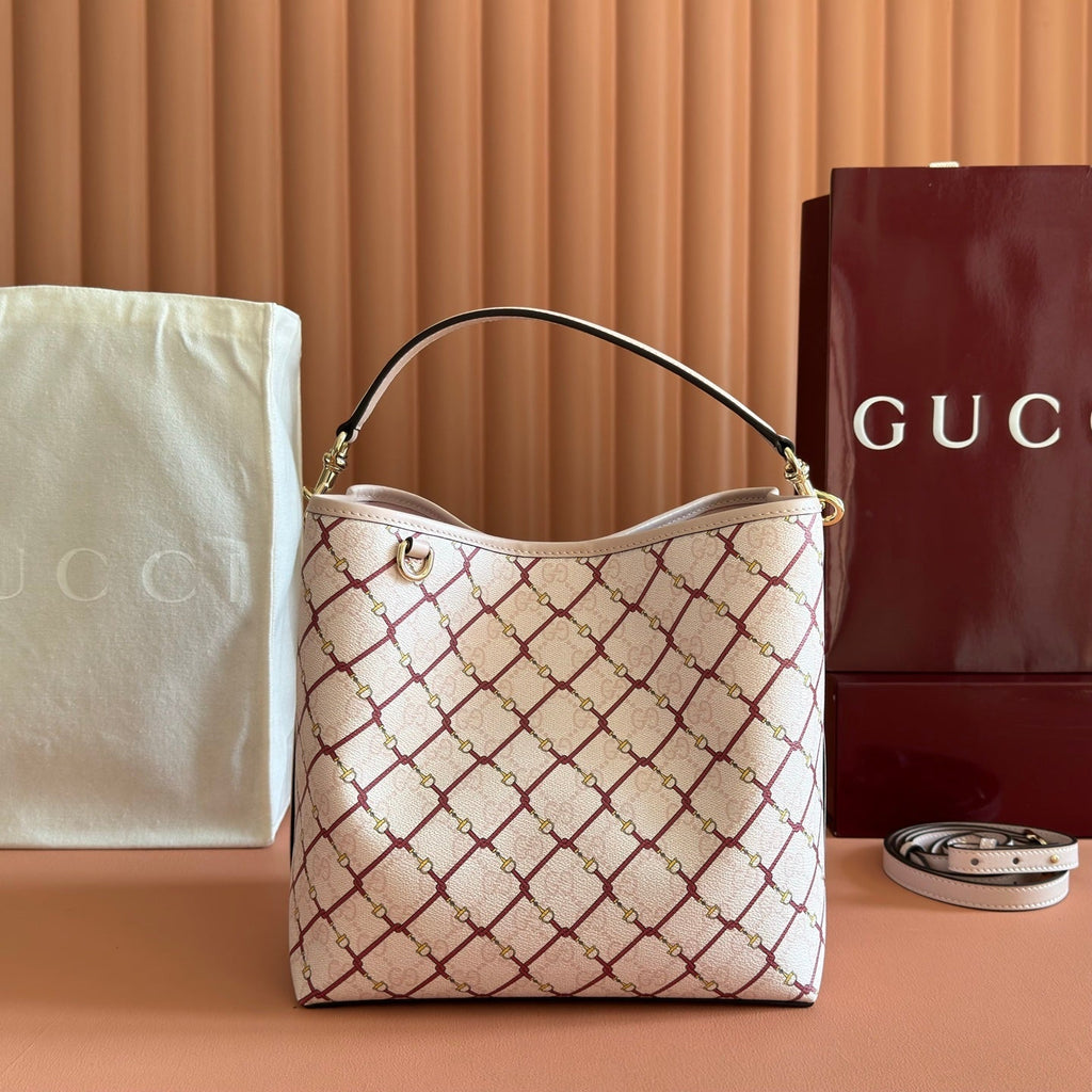 Gucci 26S Emblem Bucket Bag 25 in Light Pink Coated Fabric