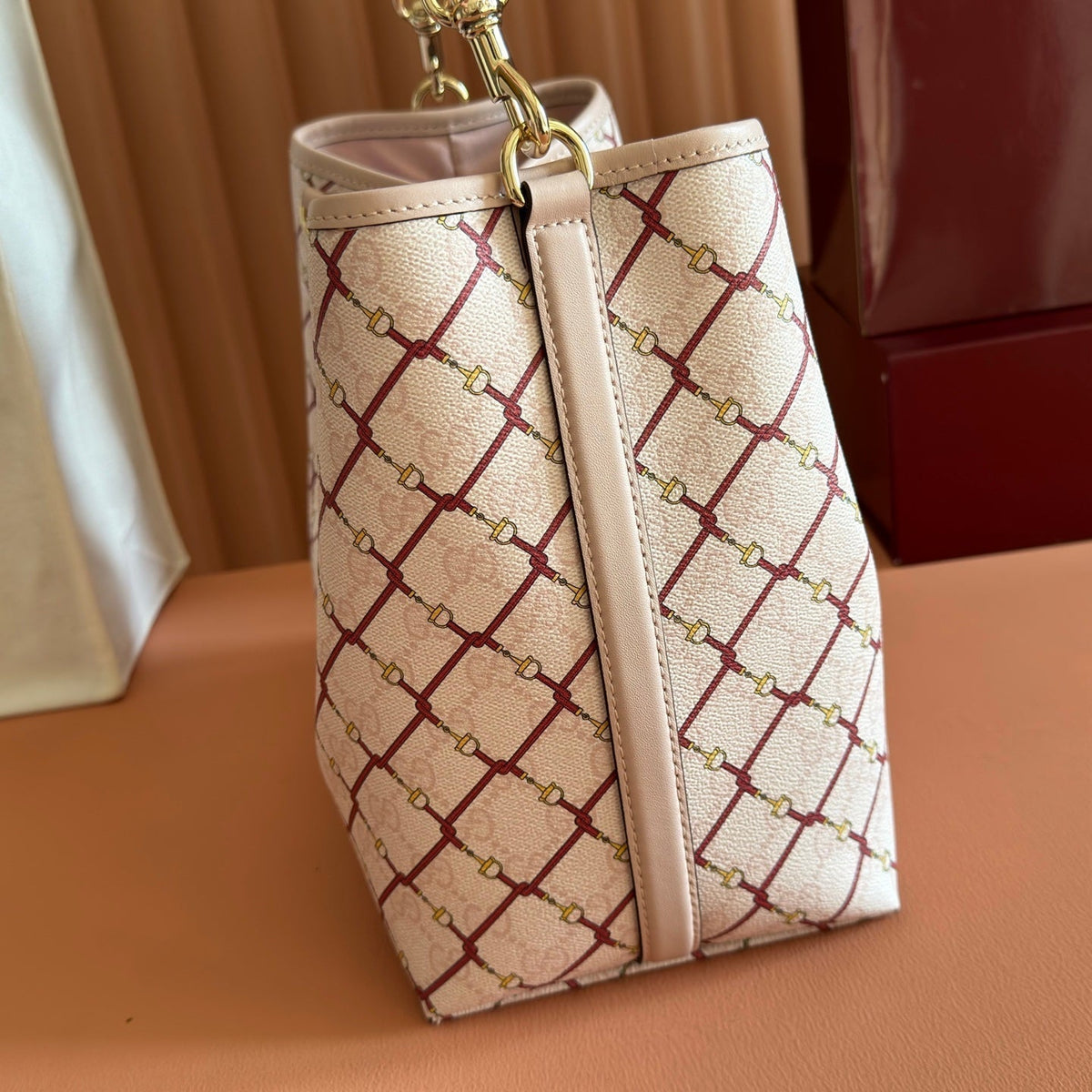 Gucci 26S Emblem Bucket Bag 25 in Light Pink Coated Fabric