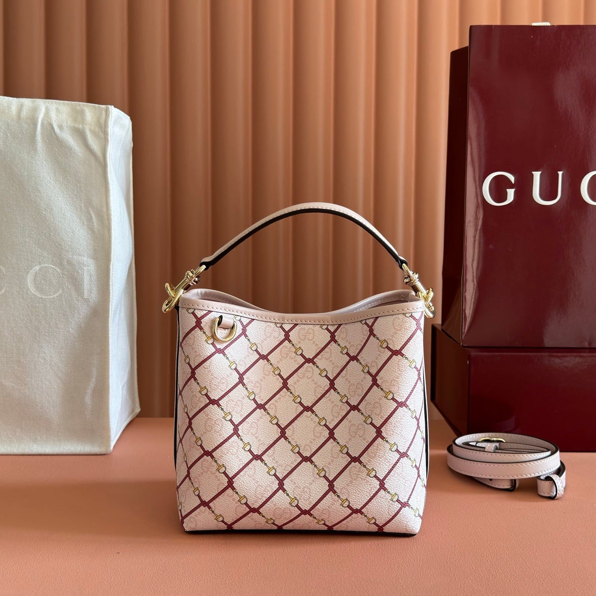 Gucci 26S Emblem Bucket Bag 19 in Light Pink Coated Fabric
