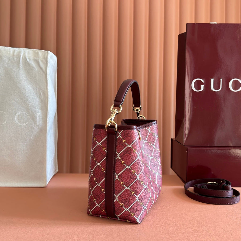 Gucci 26S Emblem Bucket Bag 19 in Dark Red Coated Fabric