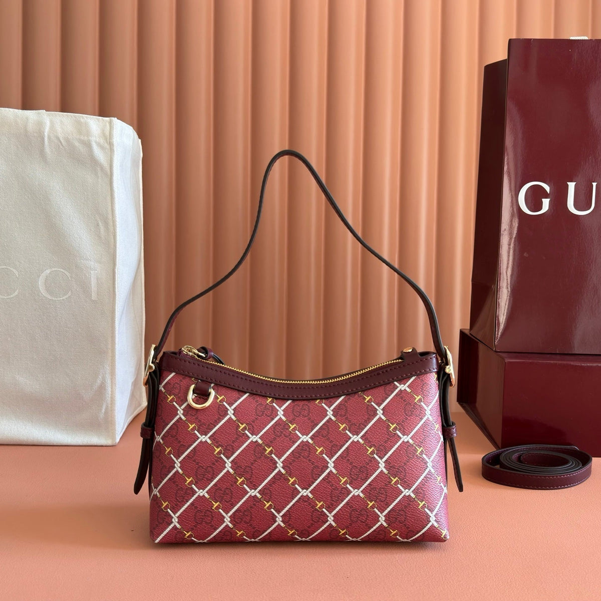 Gucci 26S Emblem Bucket Bag 22 in Dark Red Coated Fabric