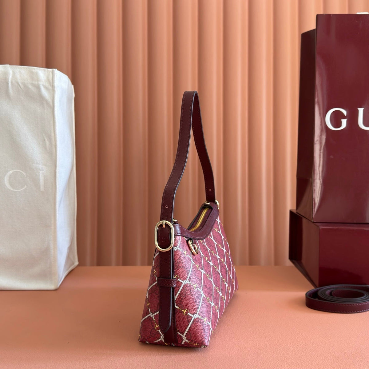 Gucci 26S Emblem Bucket Bag 22 in Dark Red Coated Fabric