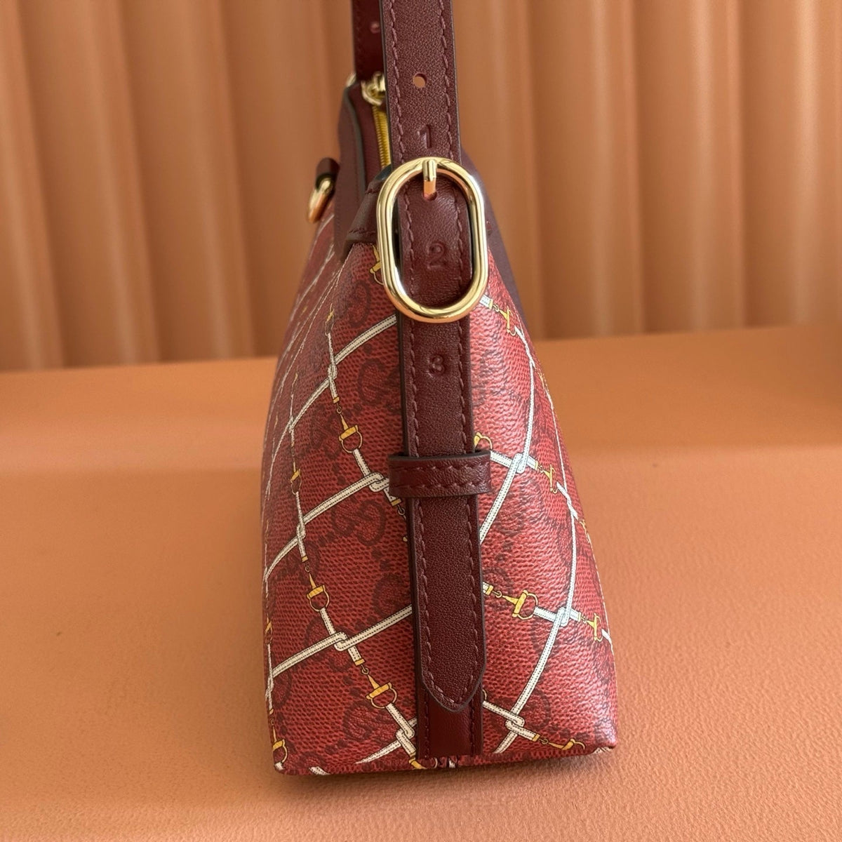 Gucci 26S Emblem Bucket Bag 22 in Dark Red Coated Fabric