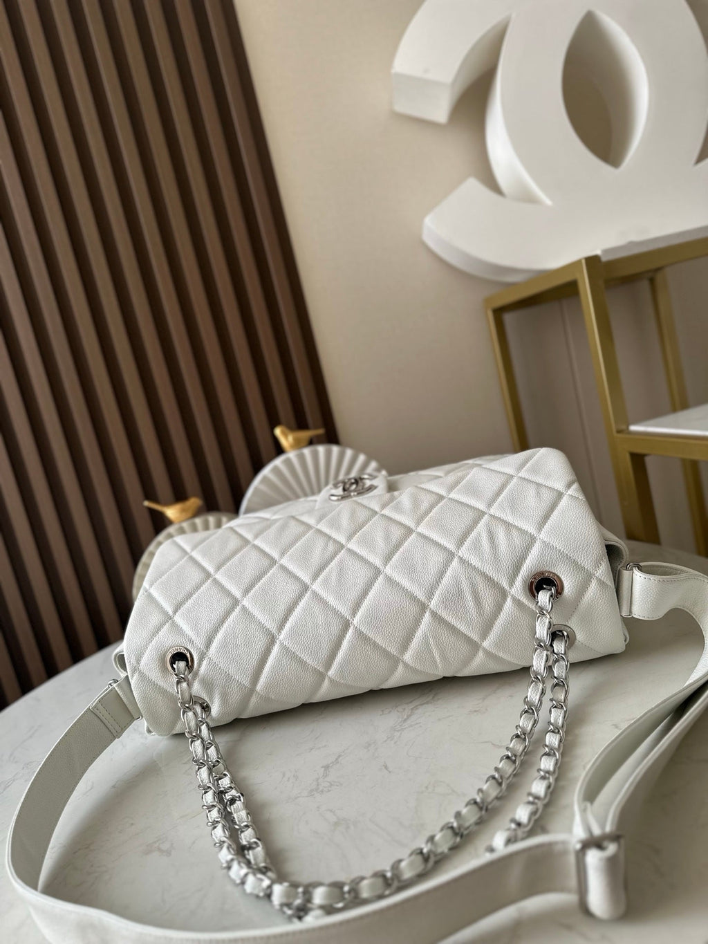 Chanel 25S Shoulder Bag 34 in White Caviar with Silver Hardware