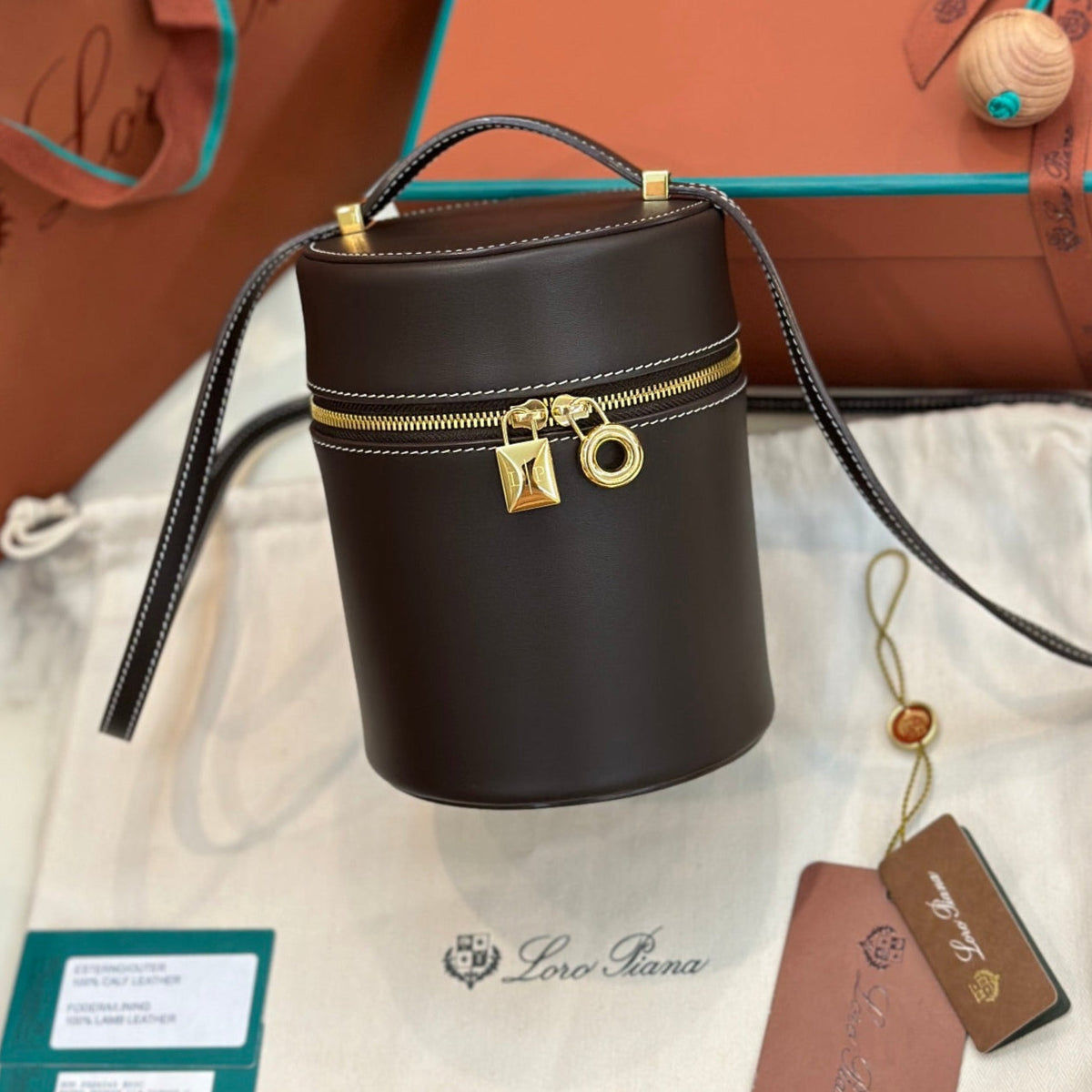 Loro Piana Extra Case Medium 16 Bag in Chocolate Brown Smooth Calfskin with Gold Hardware