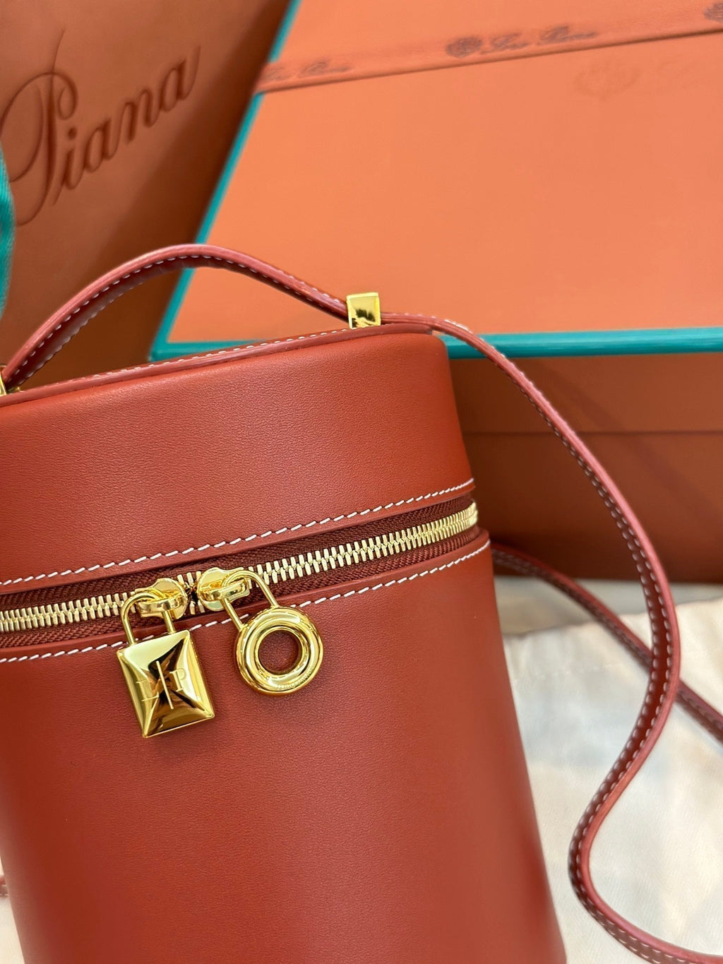 Loro Piana Extra Case Medium 16 Bag in Mars Red Smooth Calfskin with Gold Hardware