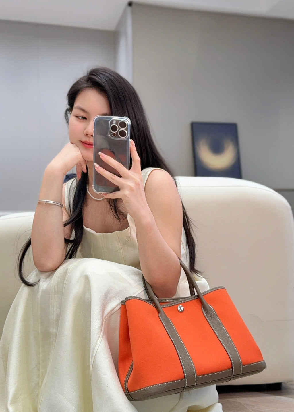 Hermes Garden Party 30cm in Orange Minimum Toilets Cotton Canvas and Brown Calfskin Bag