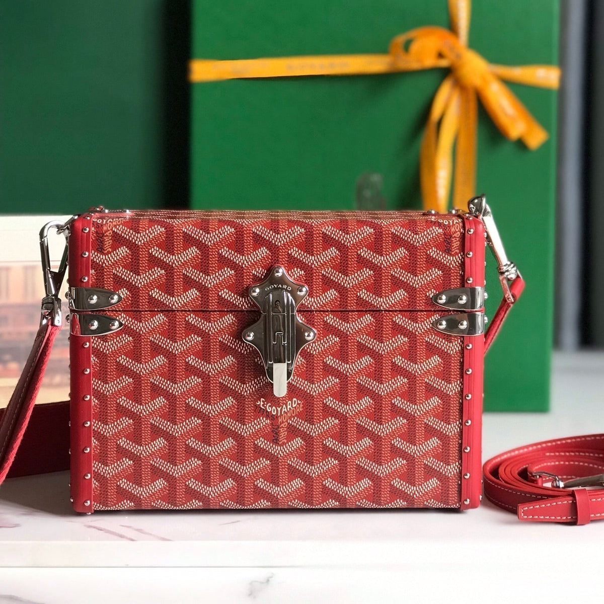 Goyard Cassette Trunk Bag 21 in Burgundy Red Goyardine Canvas & Clamecy Cowhide